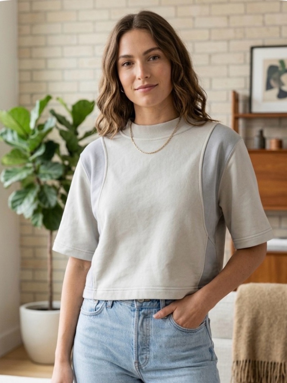 Lululemon Women’s Cotton French Terry + Swift Cream & Gray Short Sleeve Crop Top